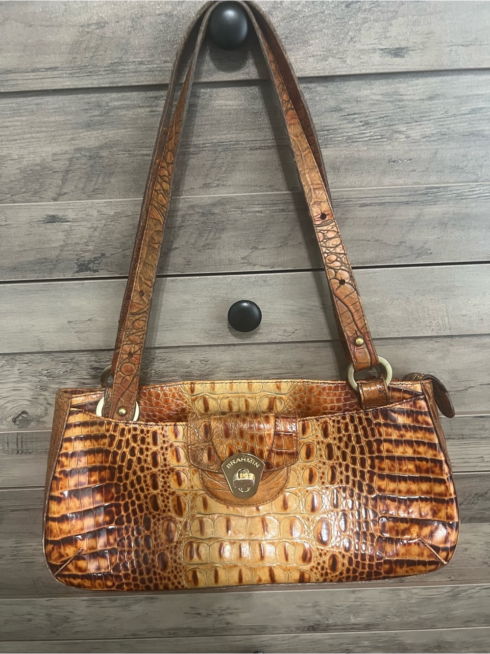 Brahmin Croc-Embossed Shoulder Bag in Amber Brown